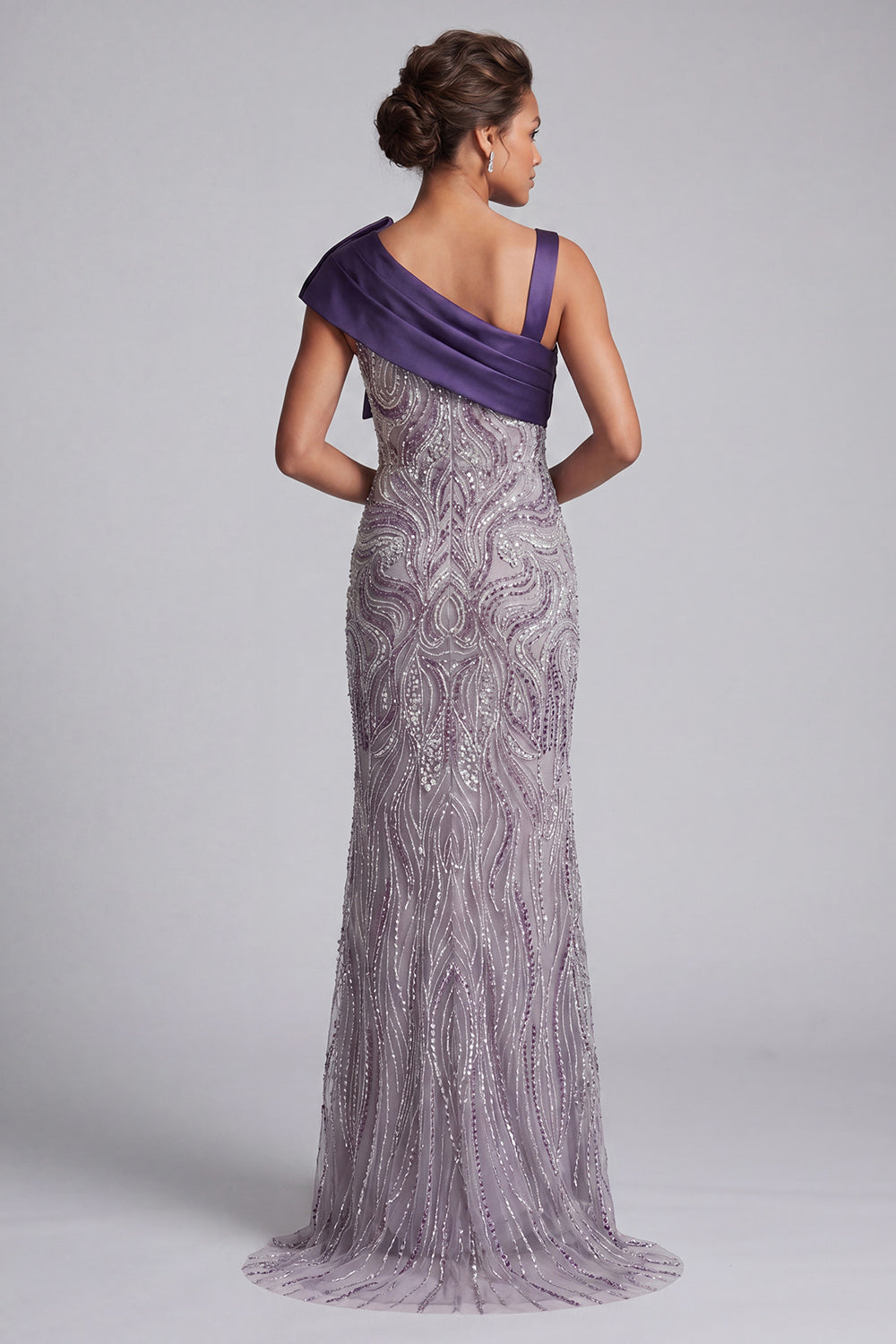 Mermaid Sparkly Purple Beaded Long Wedding Guest Dress with Bow