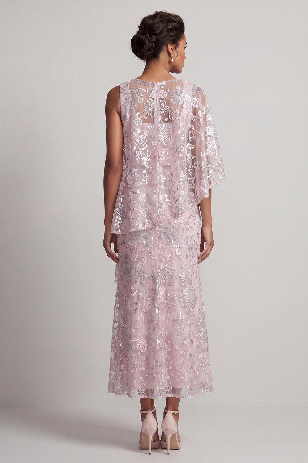 Sheath Pink Floral Asymmetrical Neck Long Wedding Guest Dress