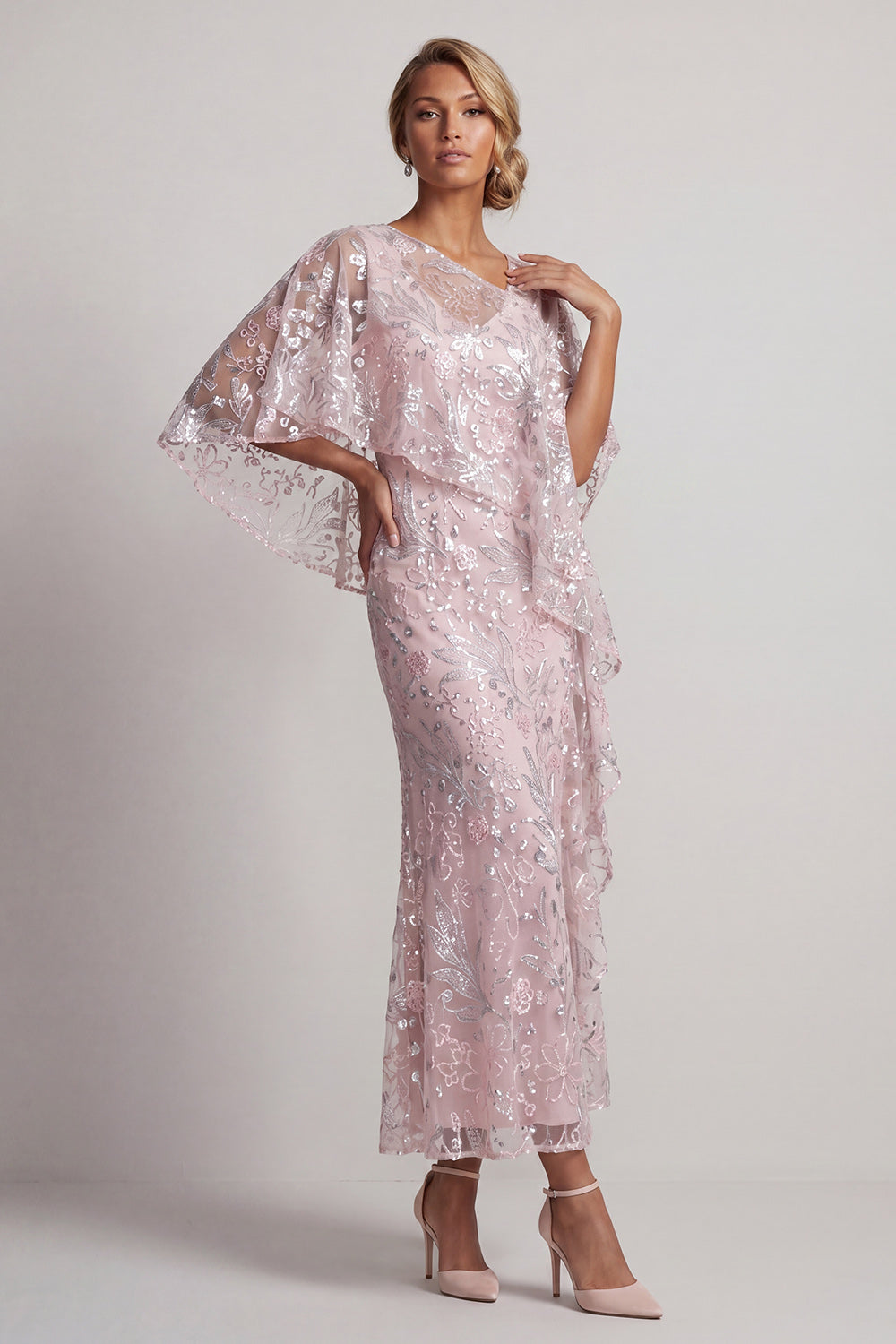 Sheath Pink Floral Asymmetrical Neck Long Wedding Guest Dress
