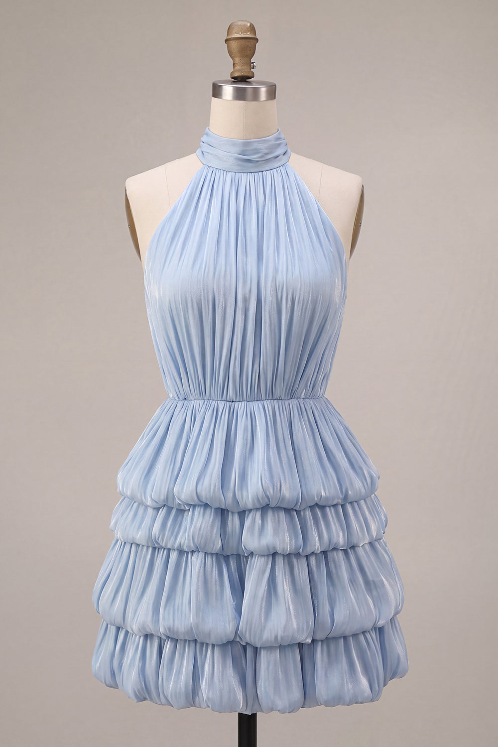 Dusty Blue Halter Ruffled Bubble Short Cocktail Dress