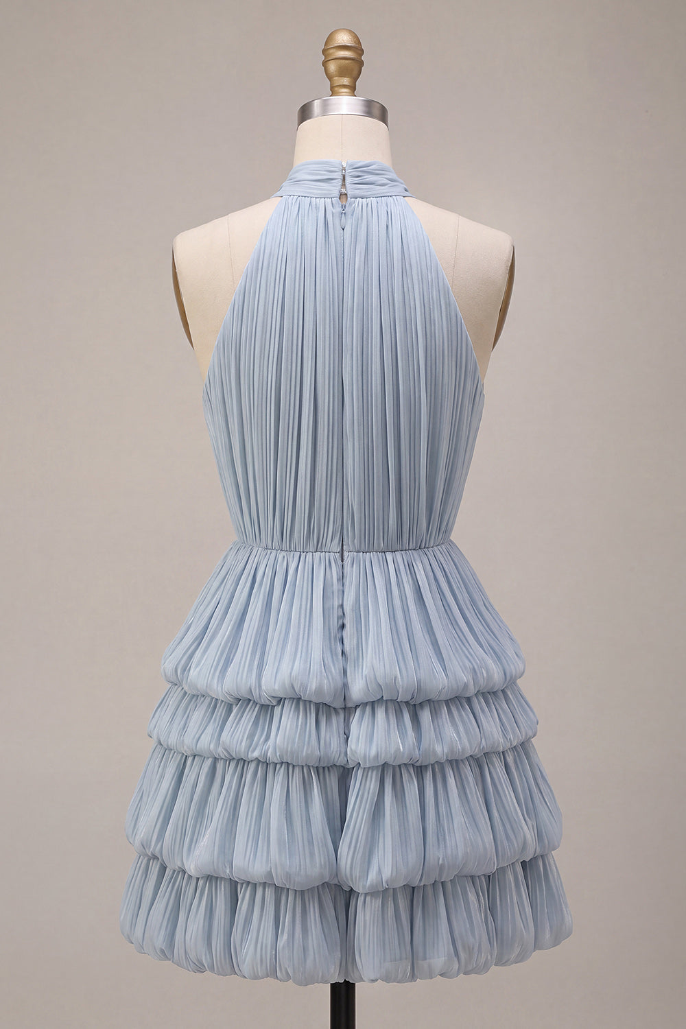 Dusty Blue Halter Ruffled Bubble Short Cocktail Dress