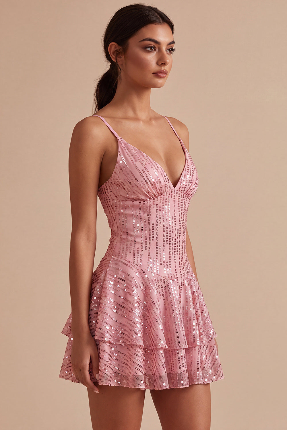 Sparkly Pink Sequin A Line Ruffled Short Cocktail Dress