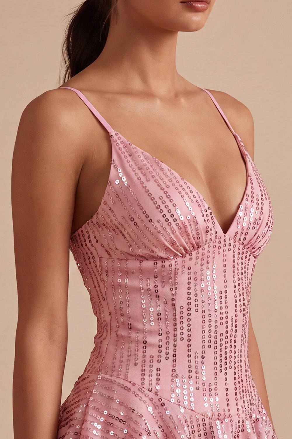 Sparkly Pink Sequin A Line Ruffled Short Cocktail Dress