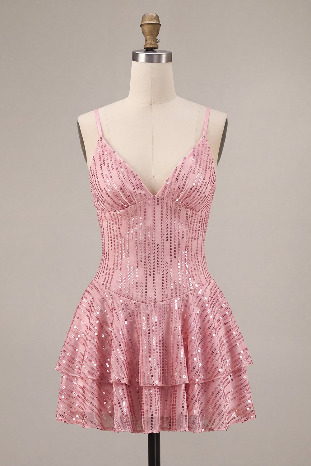Sparkly Pink Sequin A Line Ruffled Short Cocktail Dress