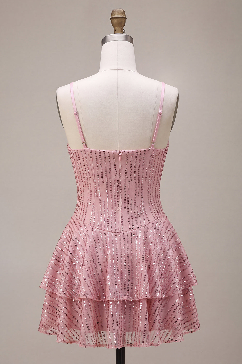 Sparkly Pink Sequin A Line Ruffled Short Cocktail Dress