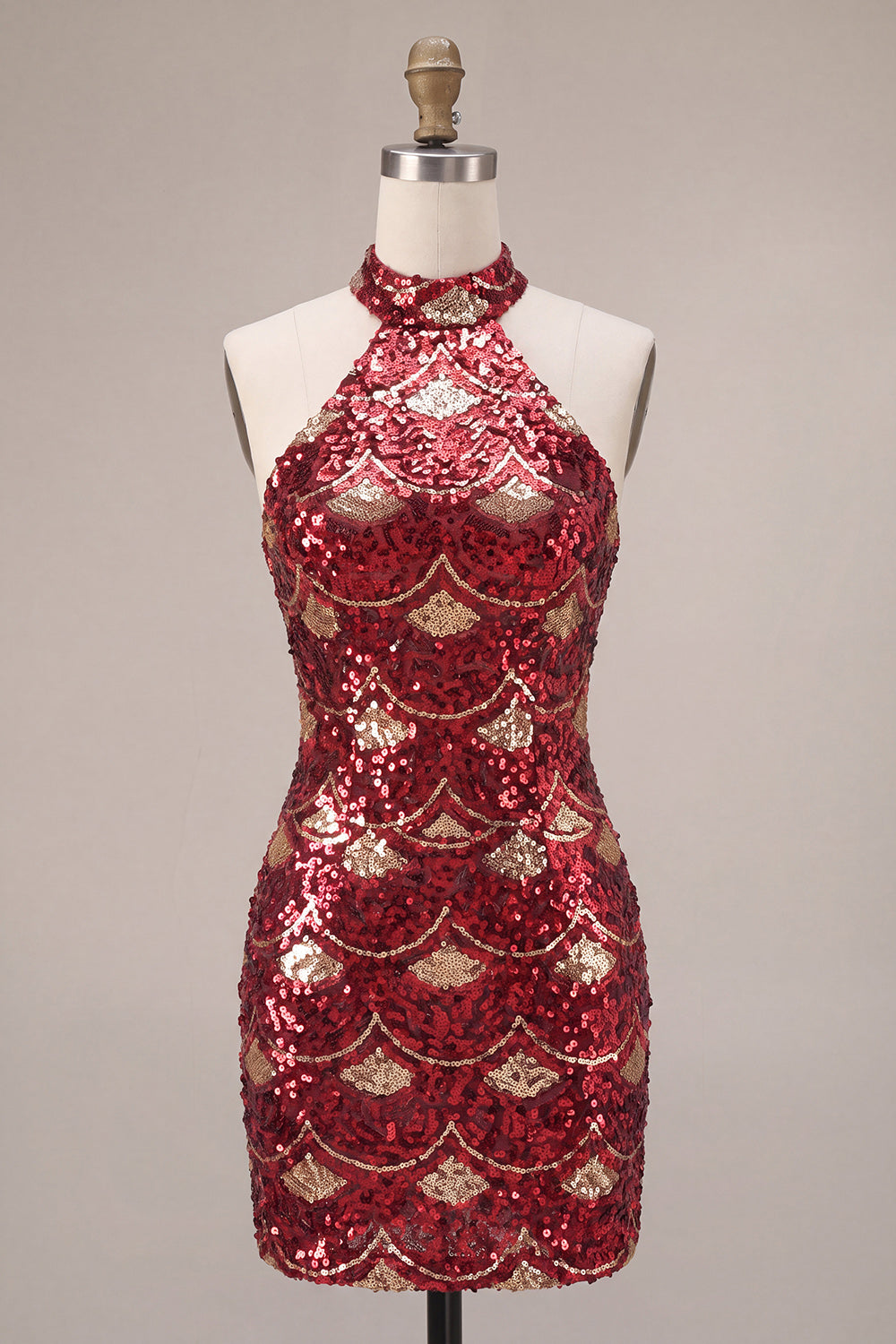 Burgundy Halter Sequin Sparkly Tight Short Cocktail Dress