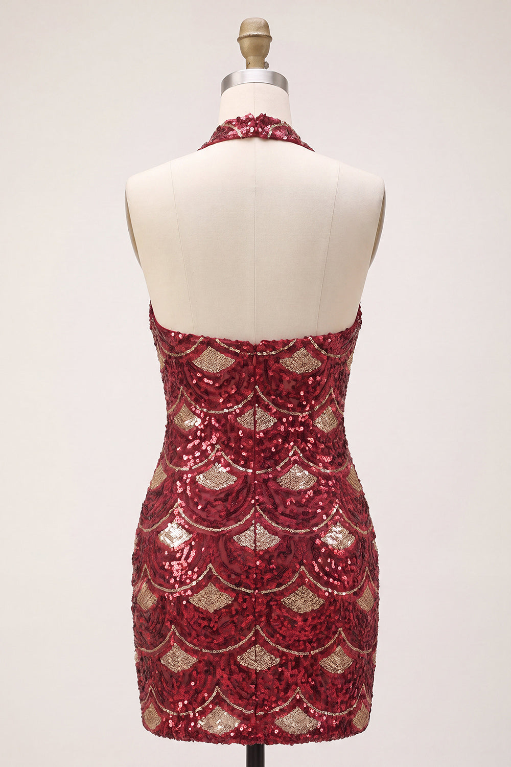 Burgundy Halter Sequin Sparkly Tight Short Cocktail Dress