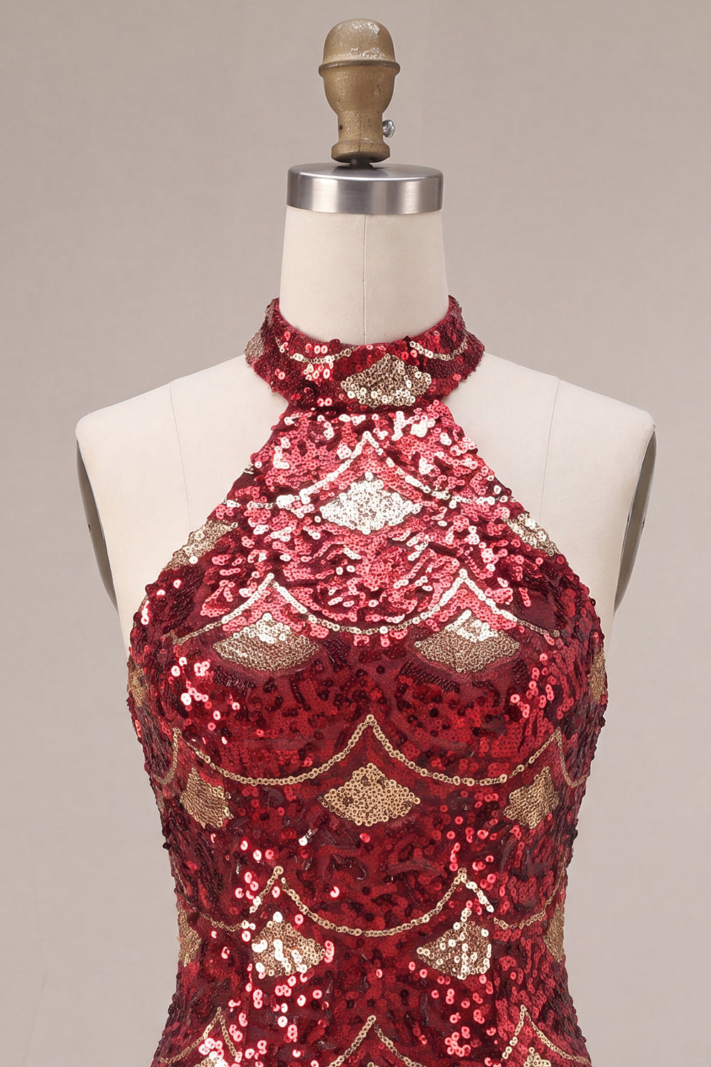 Burgundy Halter Sequin Sparkly Tight Short Cocktail Dress