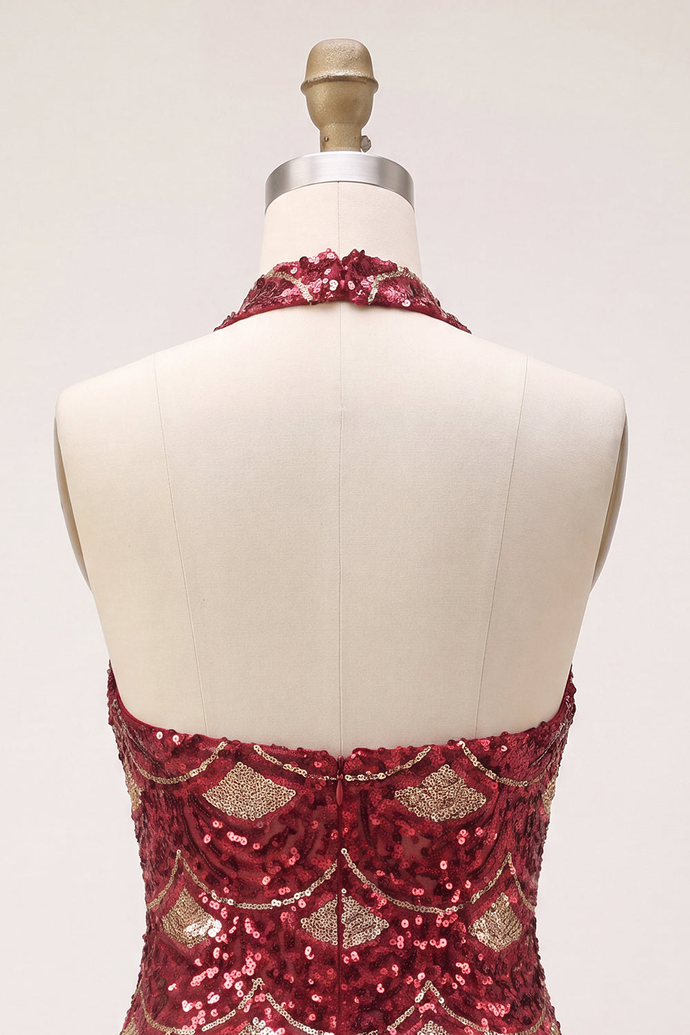 Burgundy Halter Sequin Sparkly Tight Short Cocktail Dress
