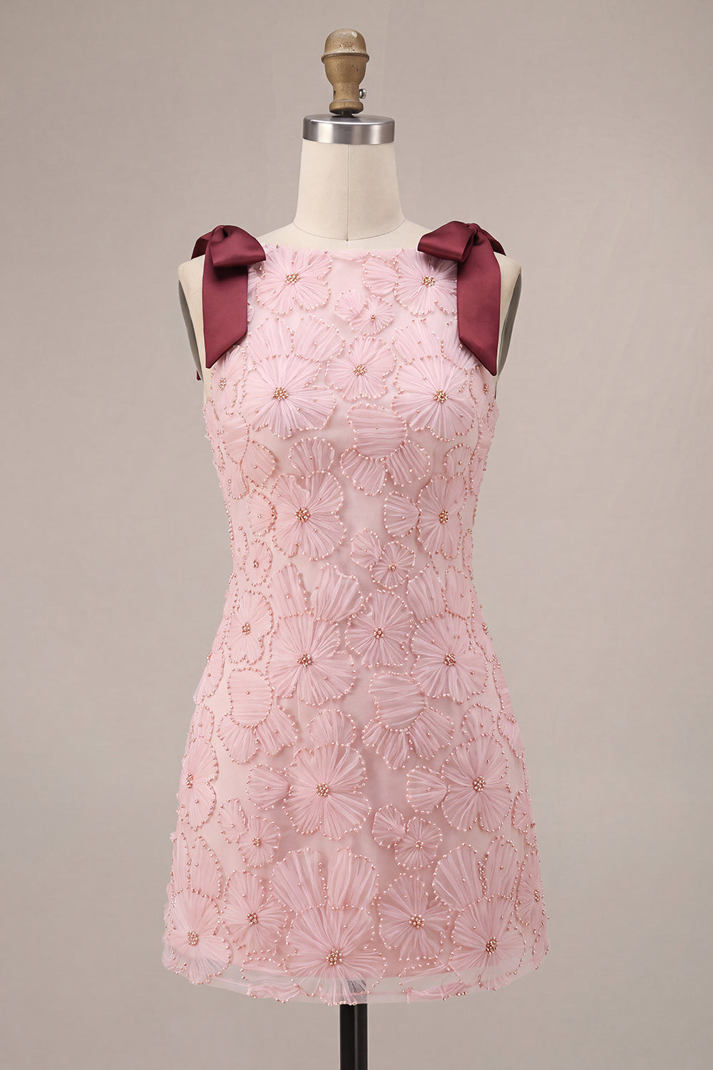 Floral Sparkly Pink Tight Beaded Short Cocktail Dress with Pockets