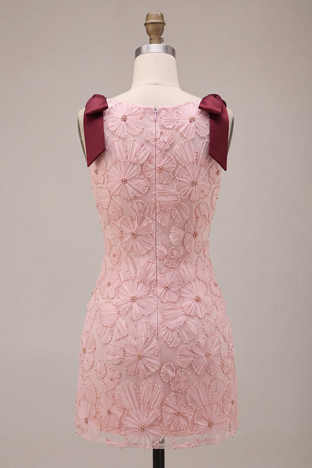 Floral Sparkly Pink Tight Beaded Short Cocktail Dress with Pockets