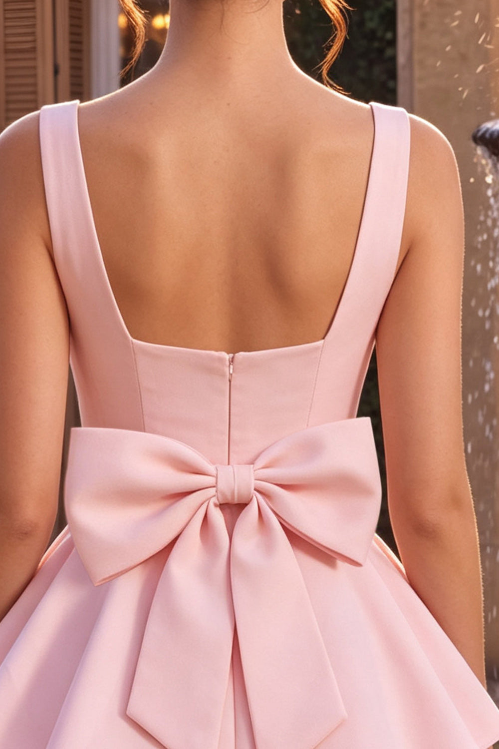 Pink Lace A Line Square Neck Short Cocktail Dress with Bow