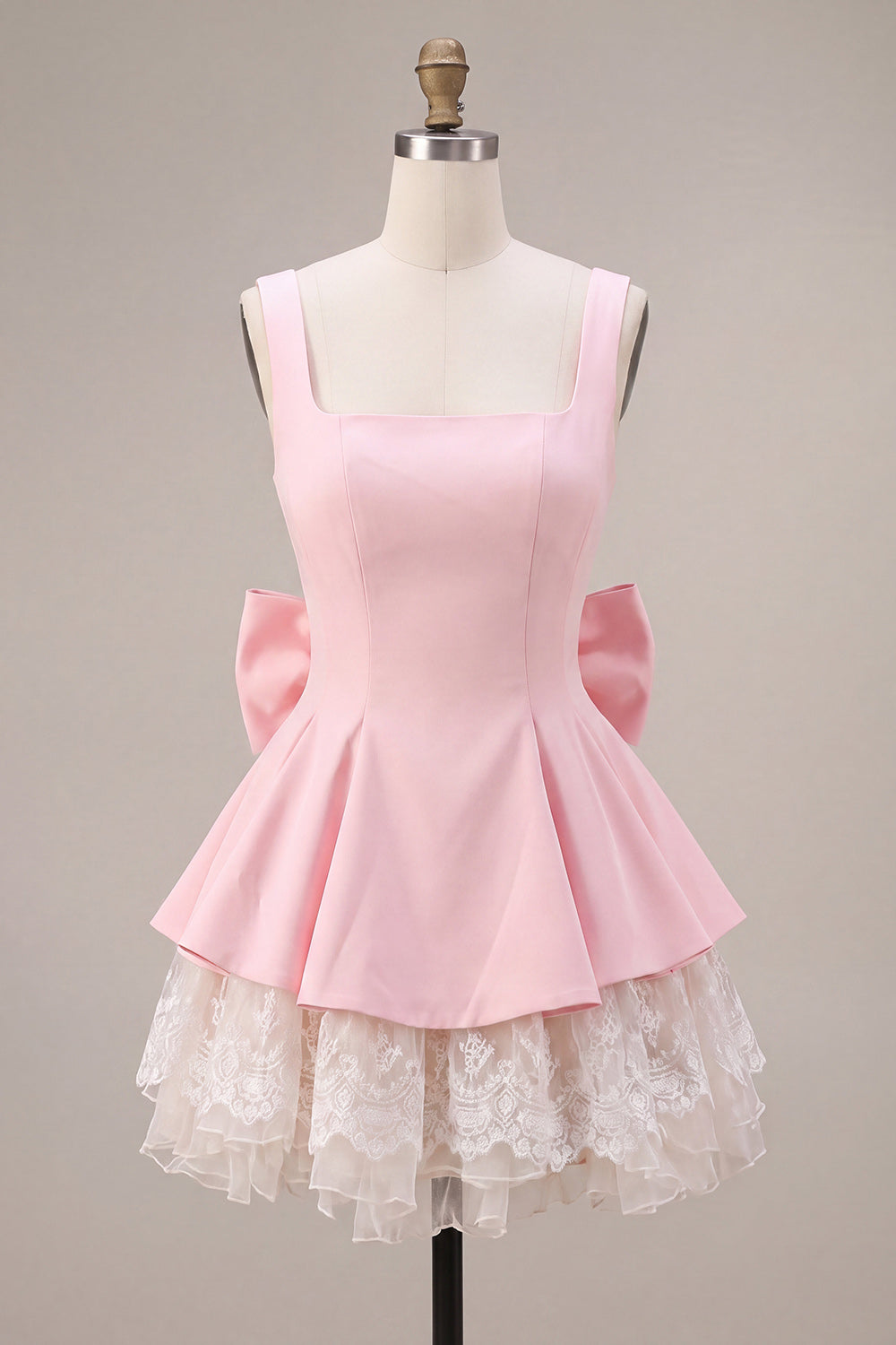 Pink Lace A Line Square Neck Short Cocktail Dress with Bow