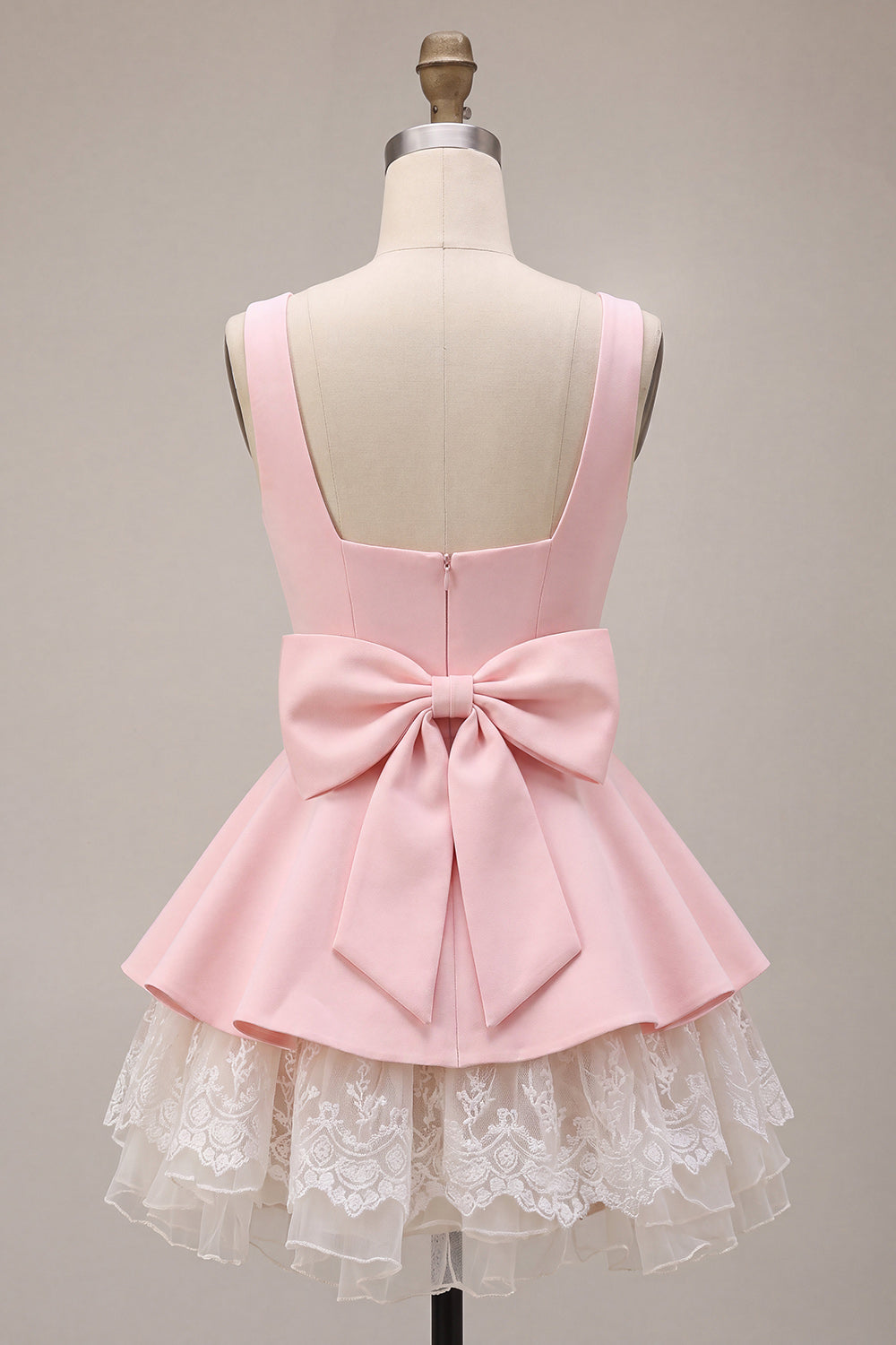 Pink Lace A Line Square Neck Short Cocktail Dress with Bow