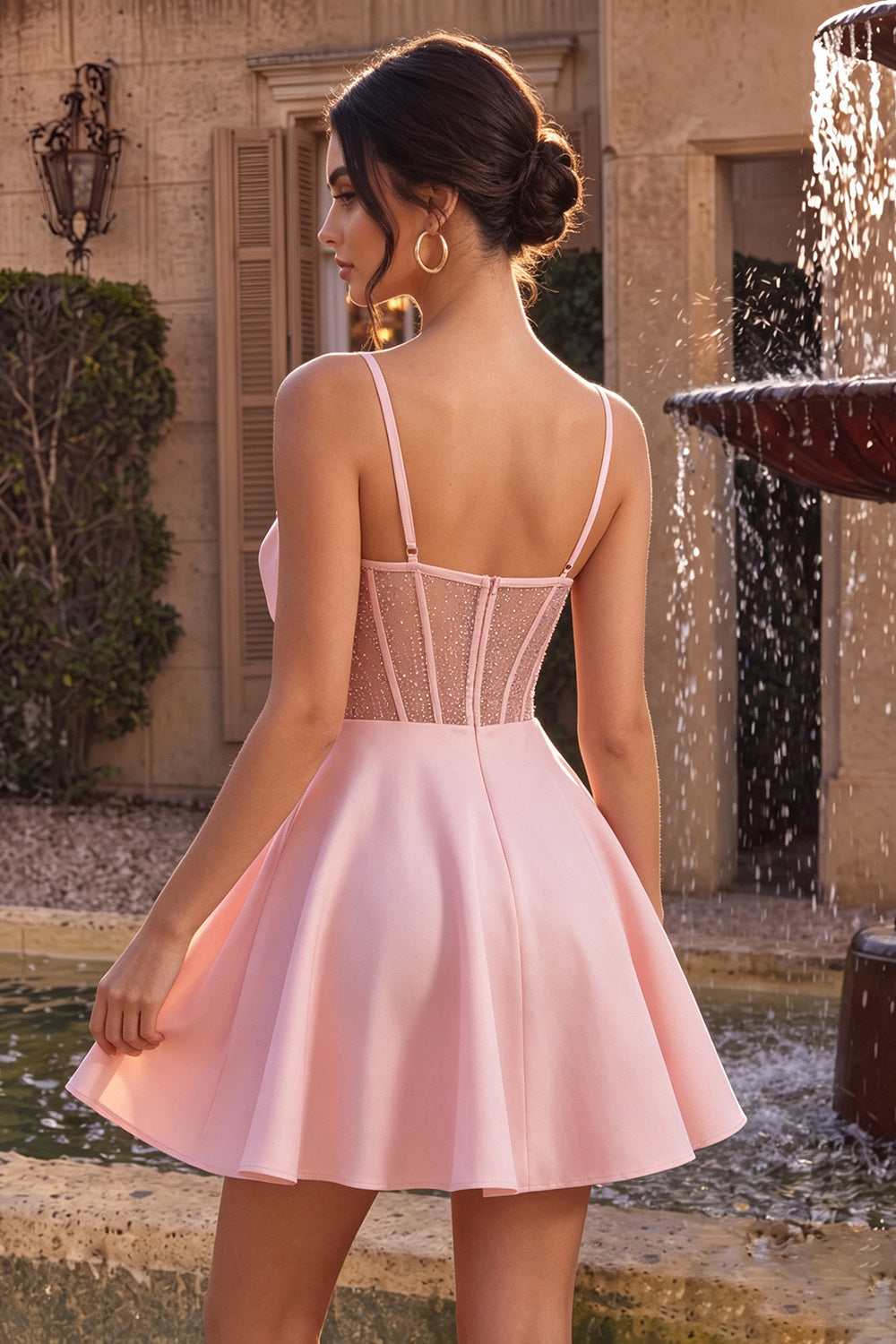 Pink Satin Beaded A Line Short Corset Cocktail Dress with Bow