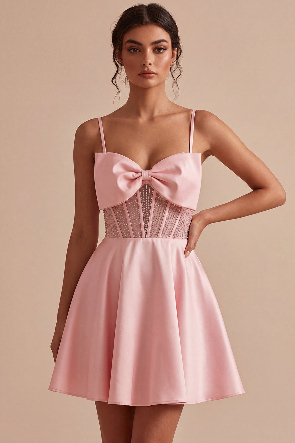 Pink Satin Beaded A Line Short Corset Cocktail Dress with Bow