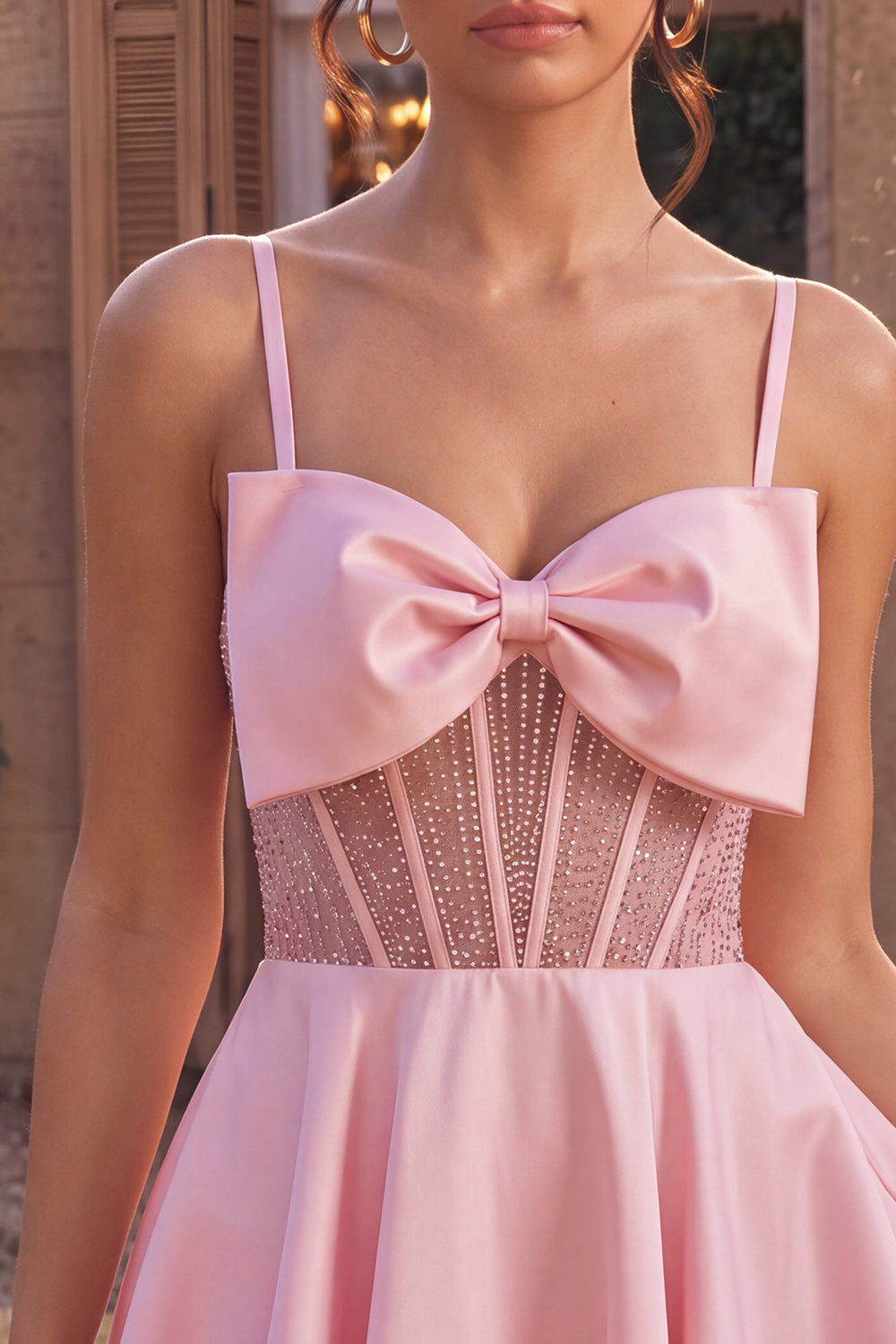 Pink Satin Beaded A Line Short Corset Cocktail Dress with Bow