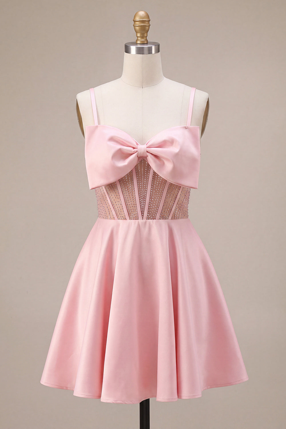 Pink Satin Beaded A Line Short Corset Cocktail Dress with Bow