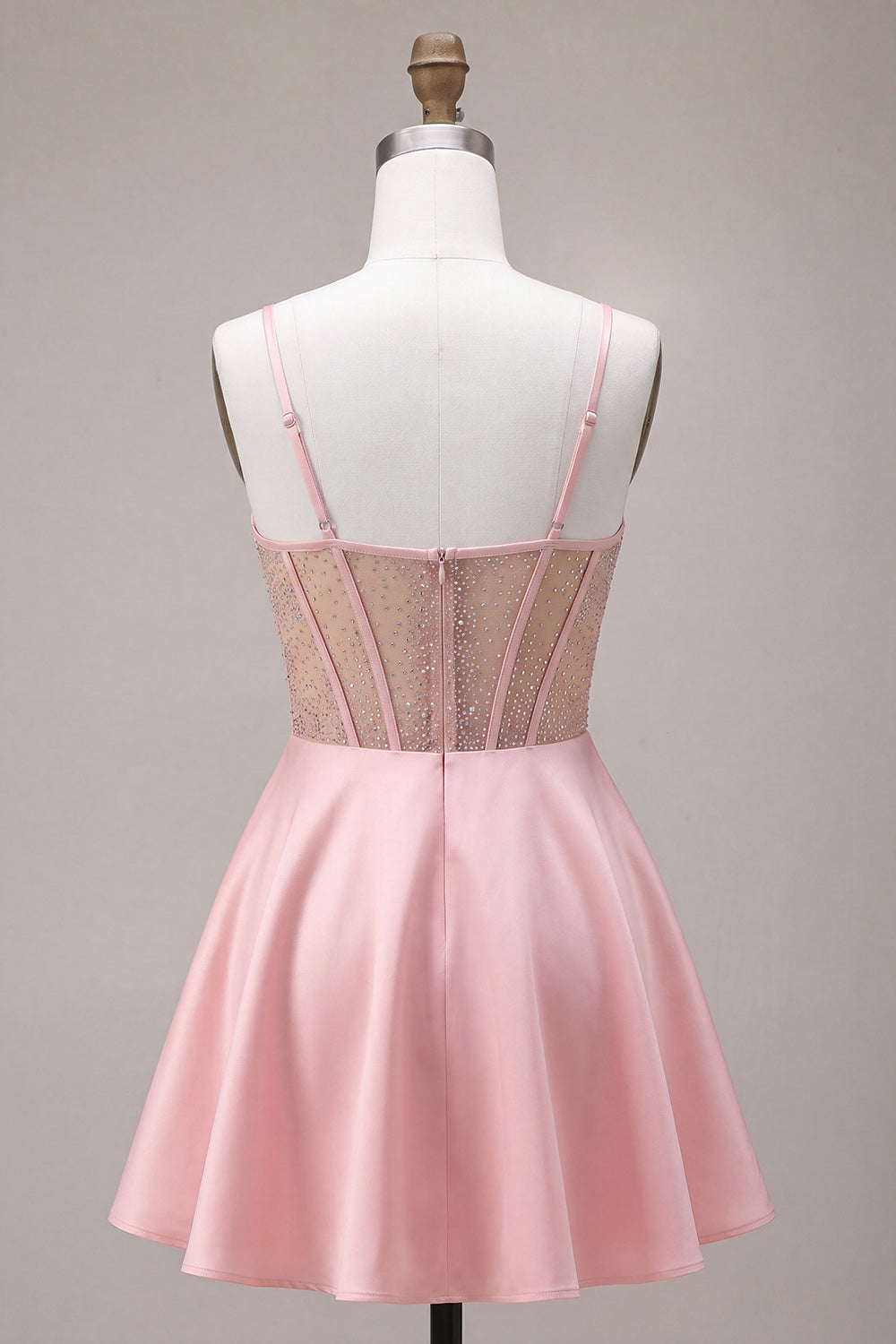 Pink Satin Beaded A Line Short Corset Cocktail Dress with Bow