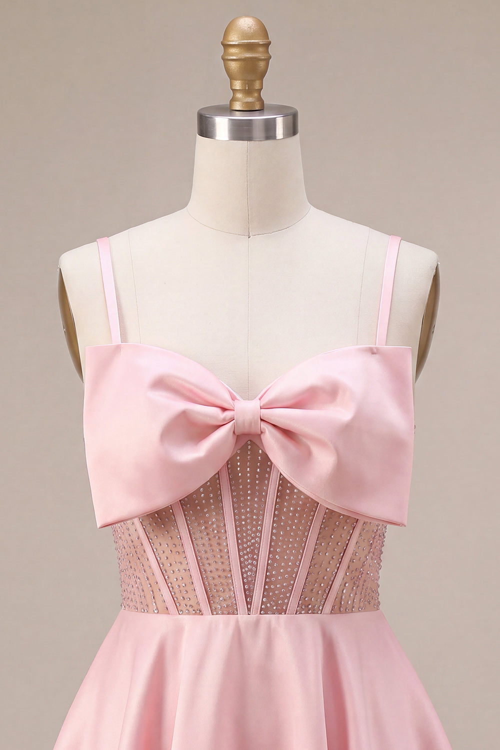 Pink Satin Beaded A Line Short Corset Cocktail Dress with Bow