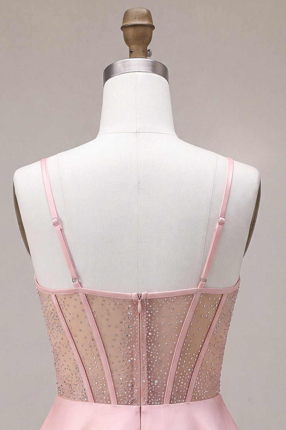 Pink Satin Beaded A Line Short Corset Cocktail Dress with Bow