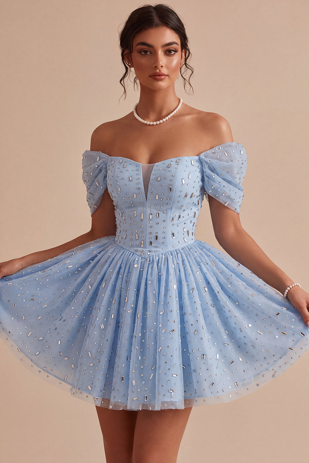 Sky Blue Sparkly A Line Beaded Short Cocktail Dress