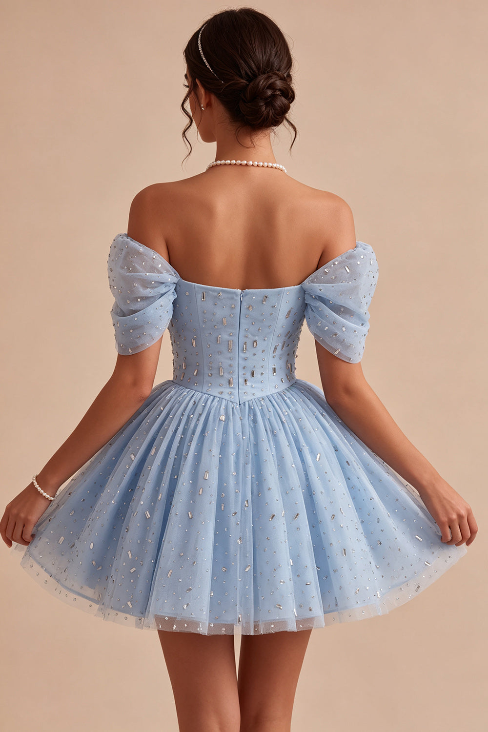Sky Blue Sparkly A Line Beaded Short Cocktail Dress