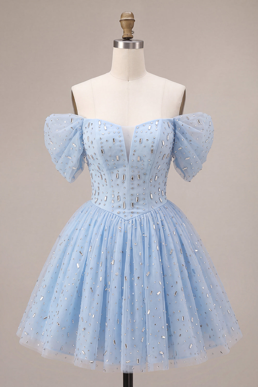 Sky Blue Sparkly A Line Beaded Short Cocktail Dress