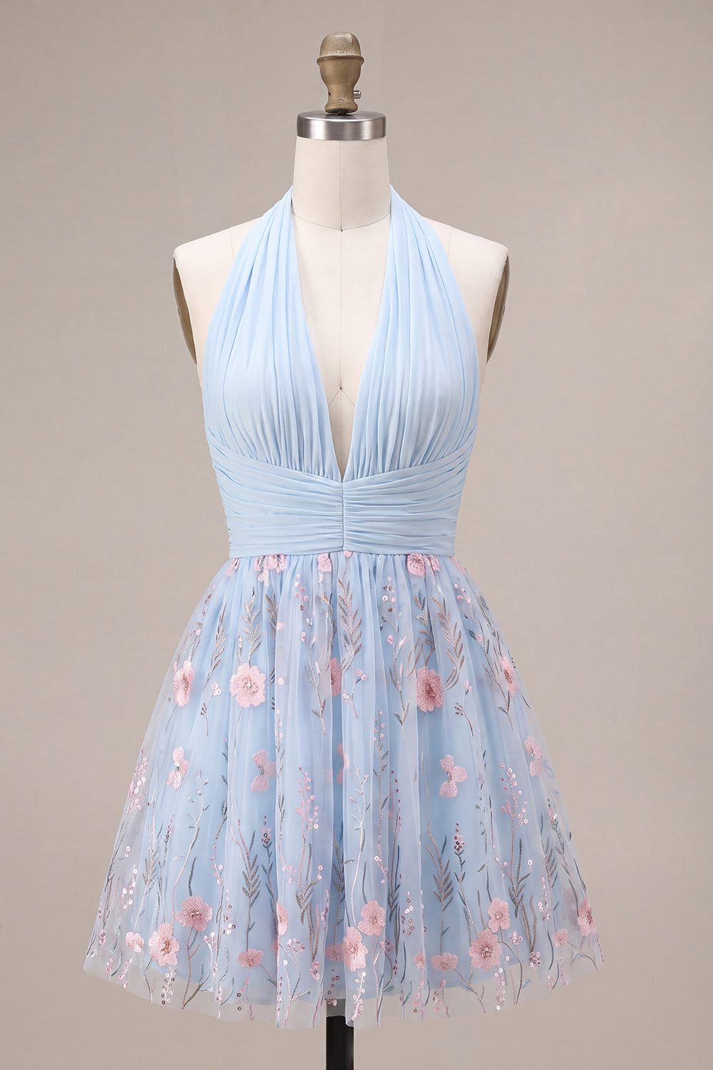Sky Blue A Line Floral Halter Backless Short Cocktail Dress