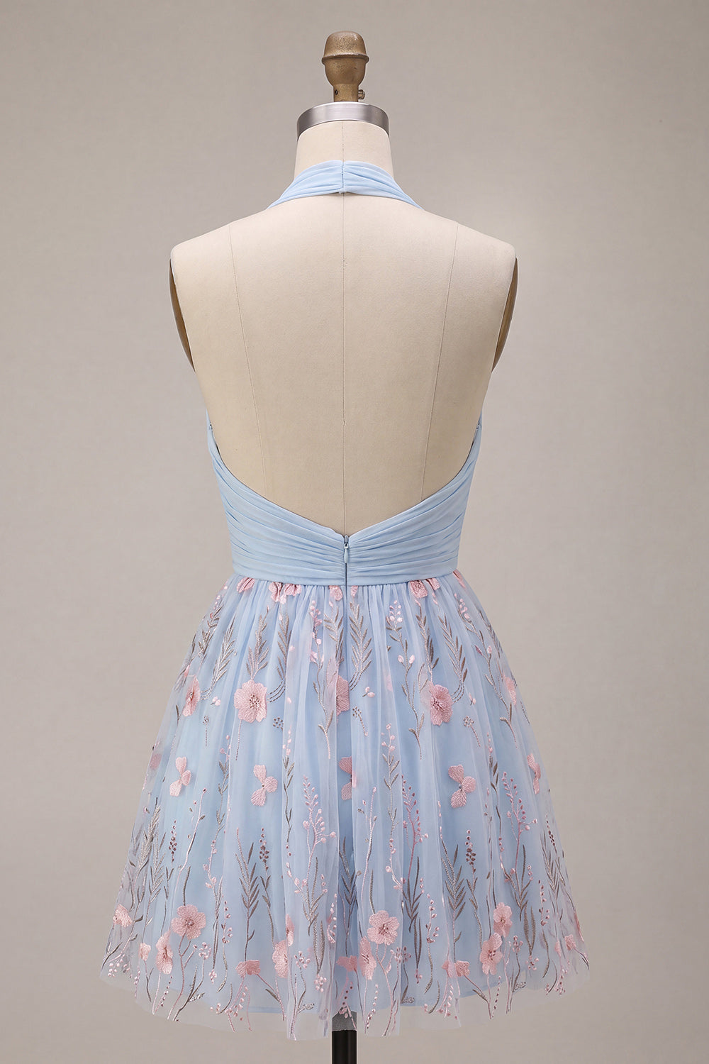 Sky Blue A Line Floral Halter Backless Short Cocktail Dress