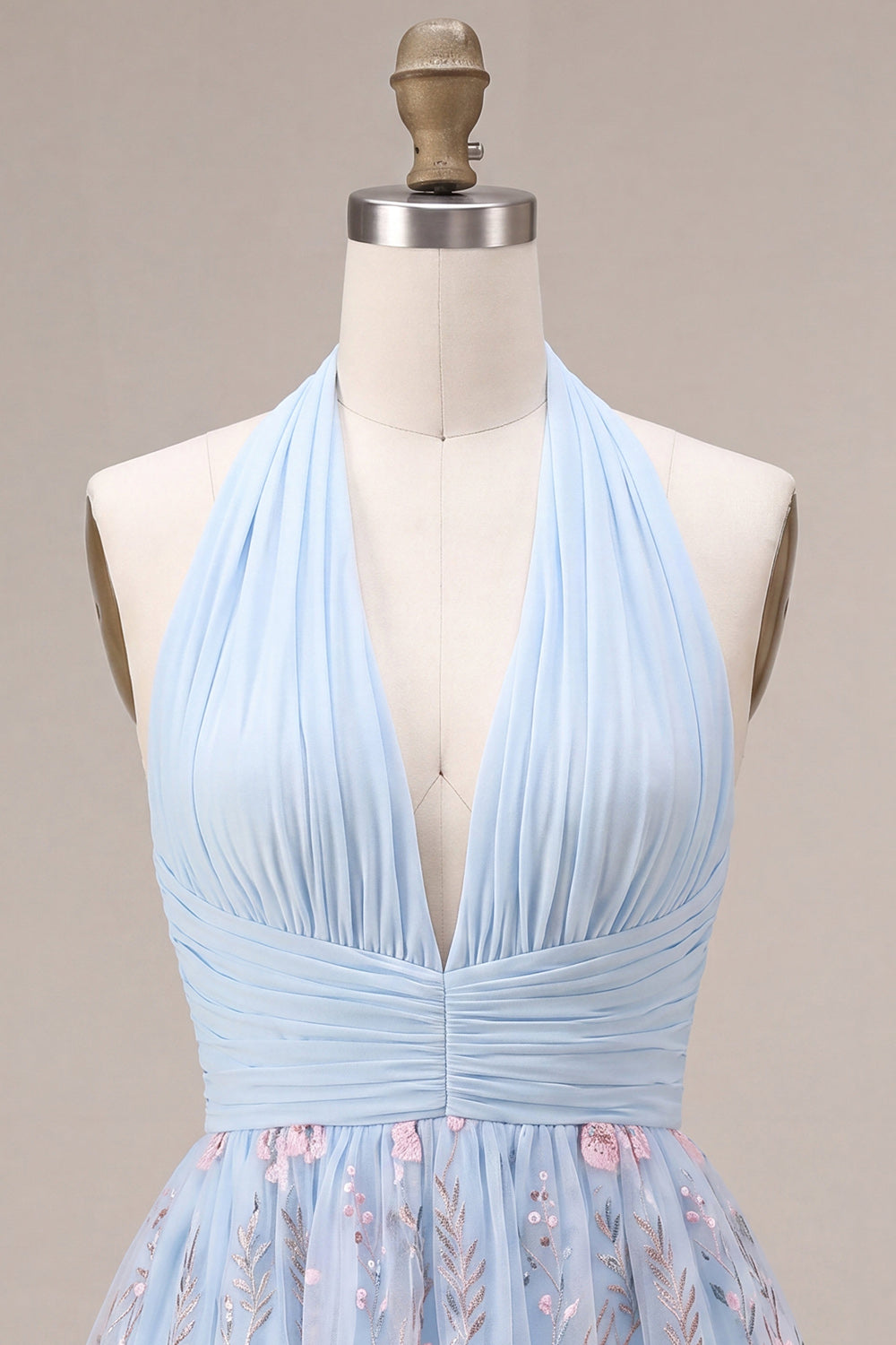 Sky Blue A Line Floral Halter Backless Short Cocktail Dress