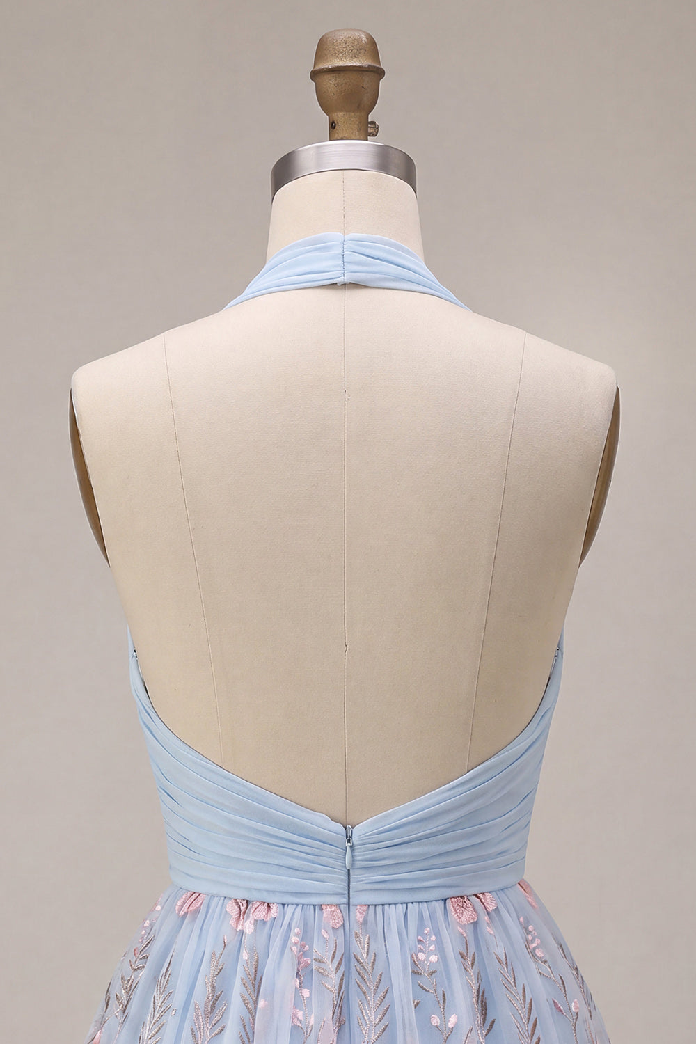 Sky Blue A Line Floral Halter Backless Short Cocktail Dress