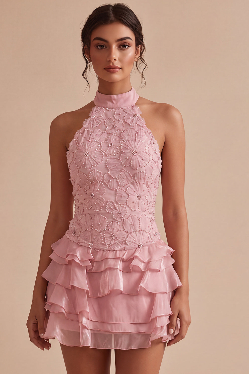 Pink Floral A Line Halter Beaded Short Cocktail Dress with Ruffles