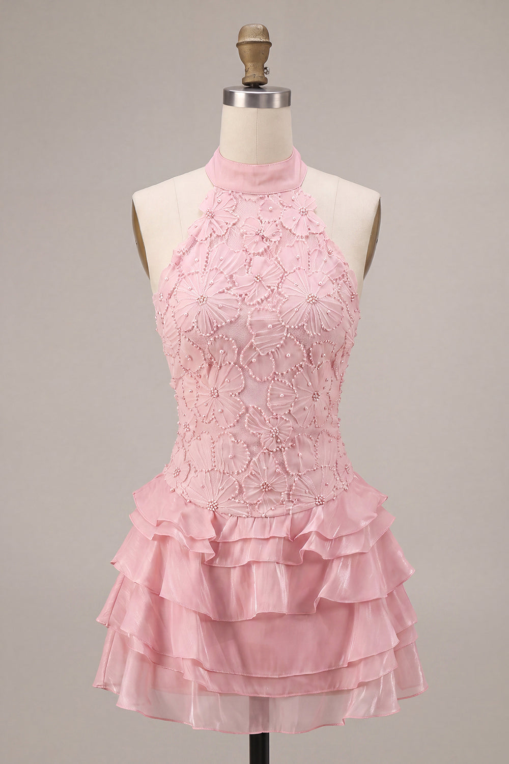 Pink Floral A Line Halter Beaded Short Cocktail Dress with Ruffles