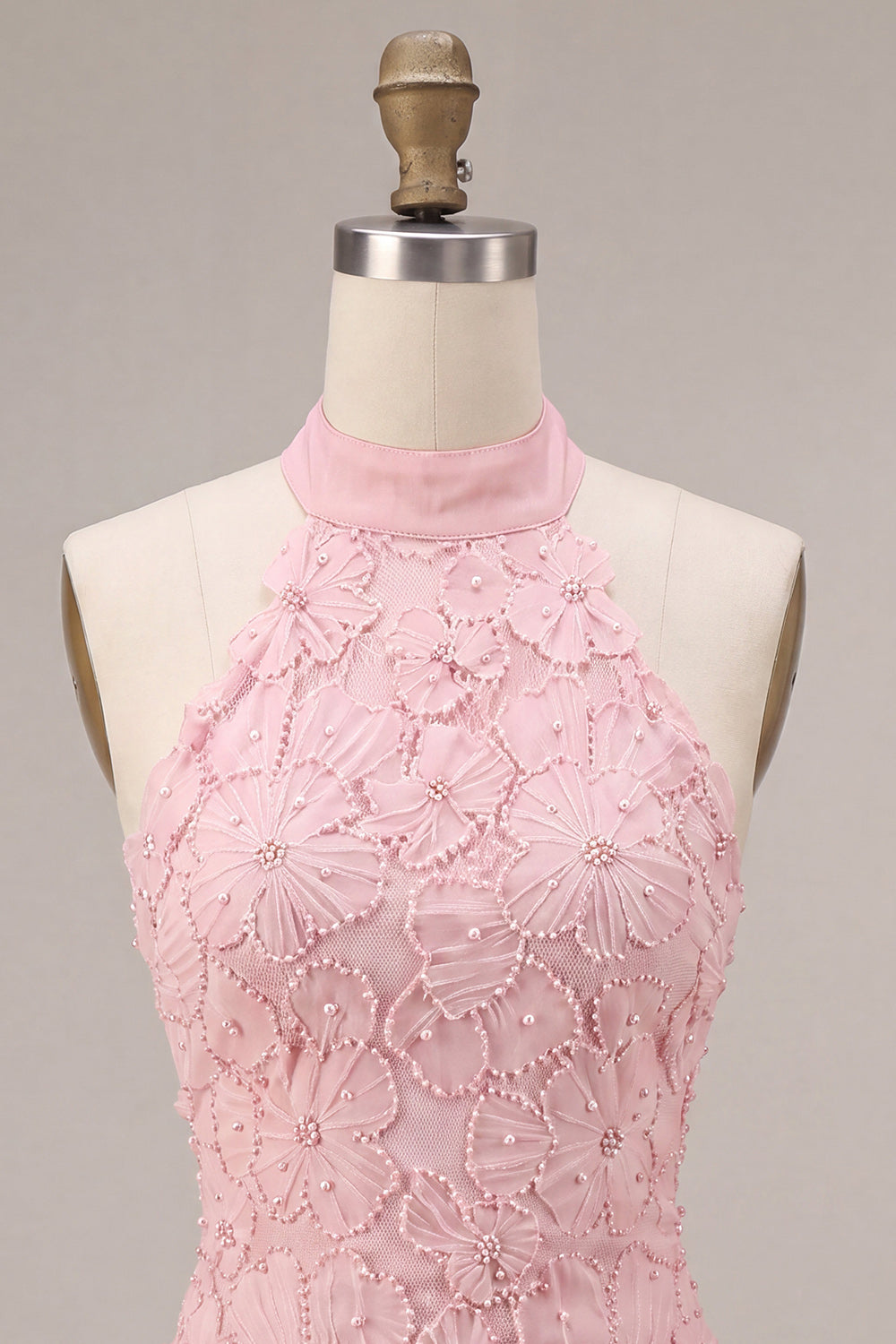 Pink Floral A Line Halter Beaded Short Cocktail Dress with Ruffles