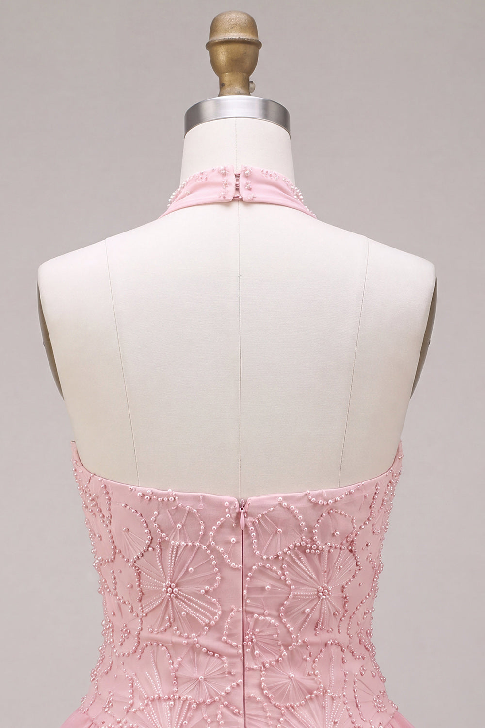 Pink Floral A Line Halter Beaded Short Cocktail Dress with Ruffles