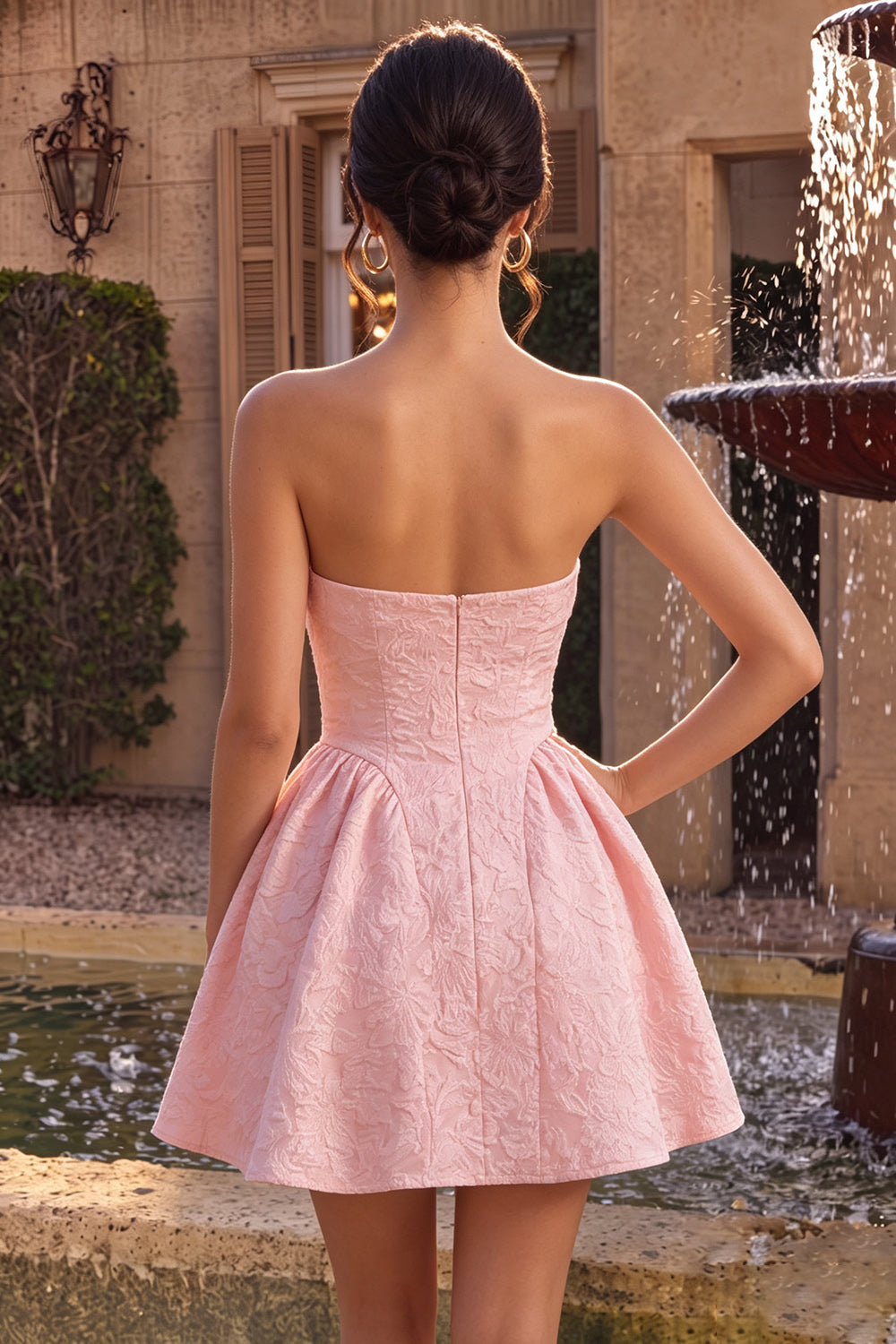 Pink A Line Jacquard Strapless Short Cocktail Dress