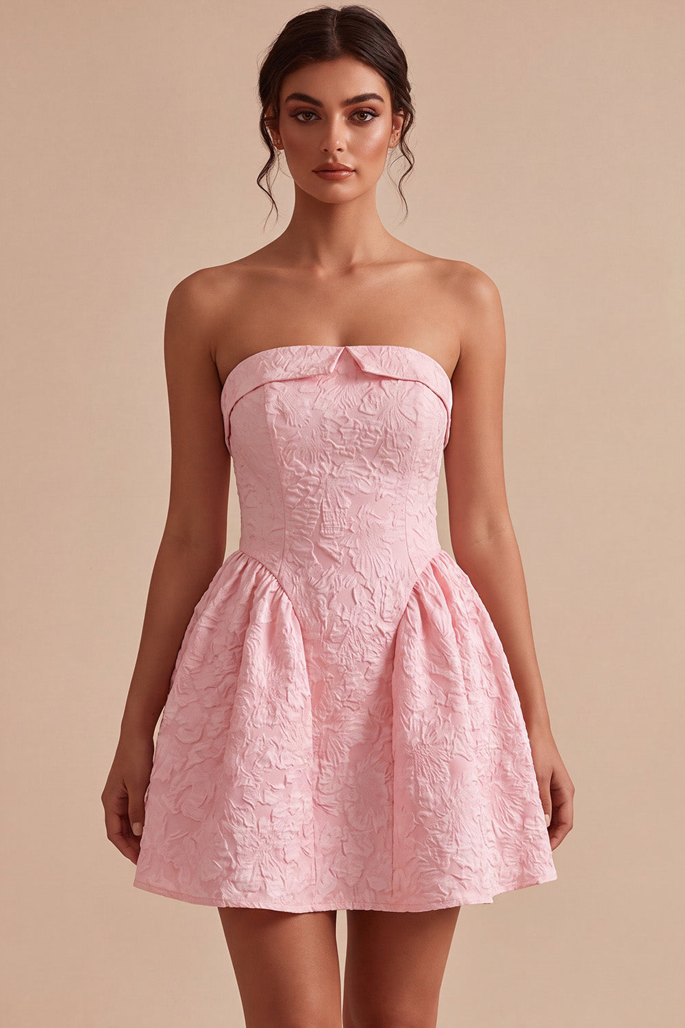 Pink A Line Jacquard Strapless Short Cocktail Dress