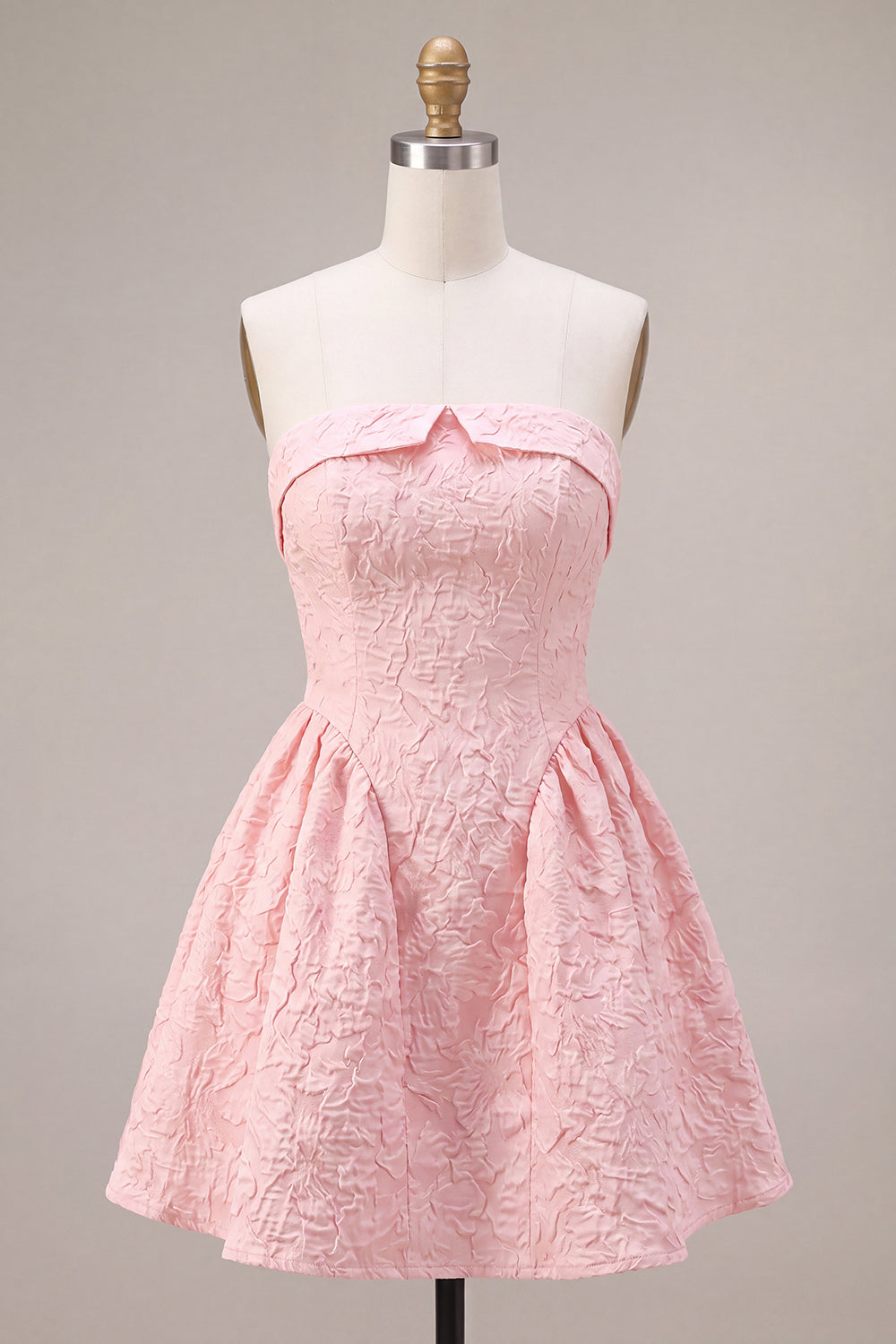 Pink A Line Jacquard Strapless Short Cocktail Dress