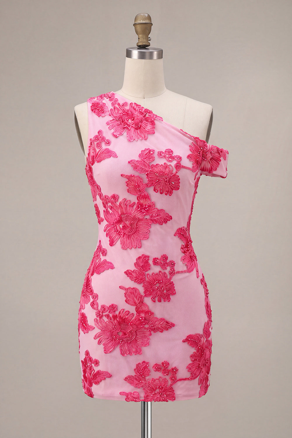 Floral Fuchsia Tight Short One Shoulder Cocktail Dress