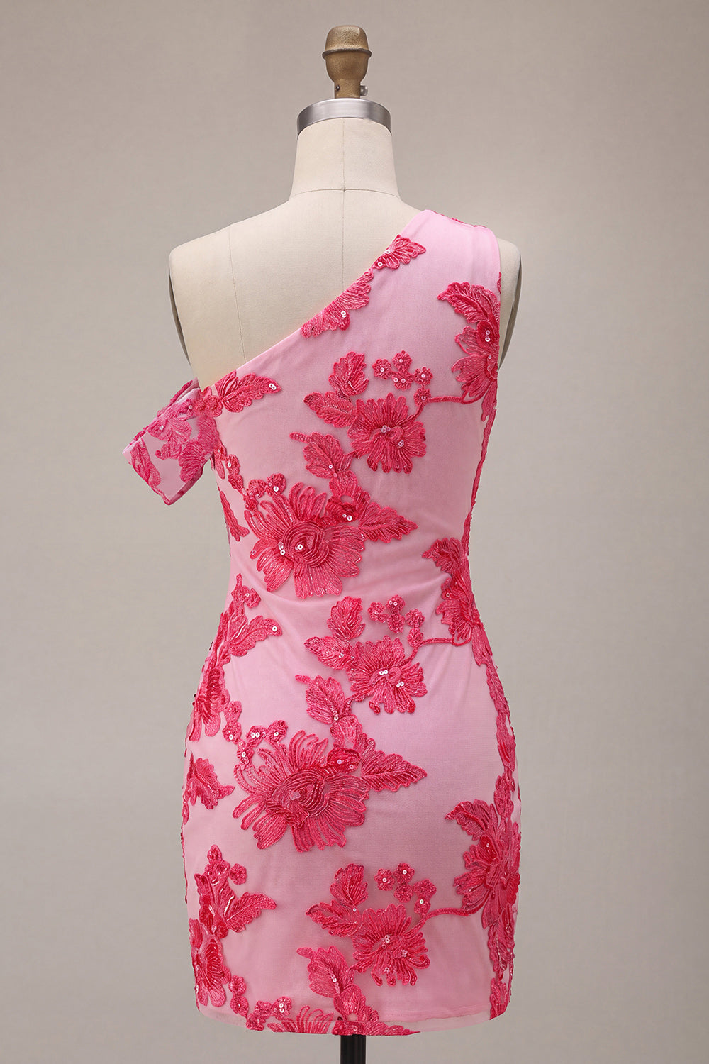 Floral Fuchsia Tight Short One Shoulder Cocktail Dress