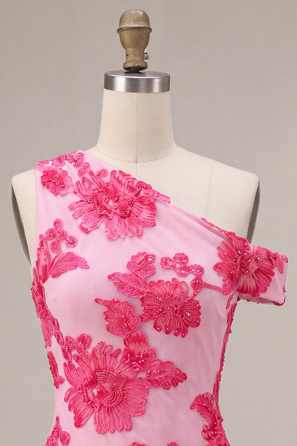 Floral Fuchsia Tight Short One Shoulder Cocktail Dress