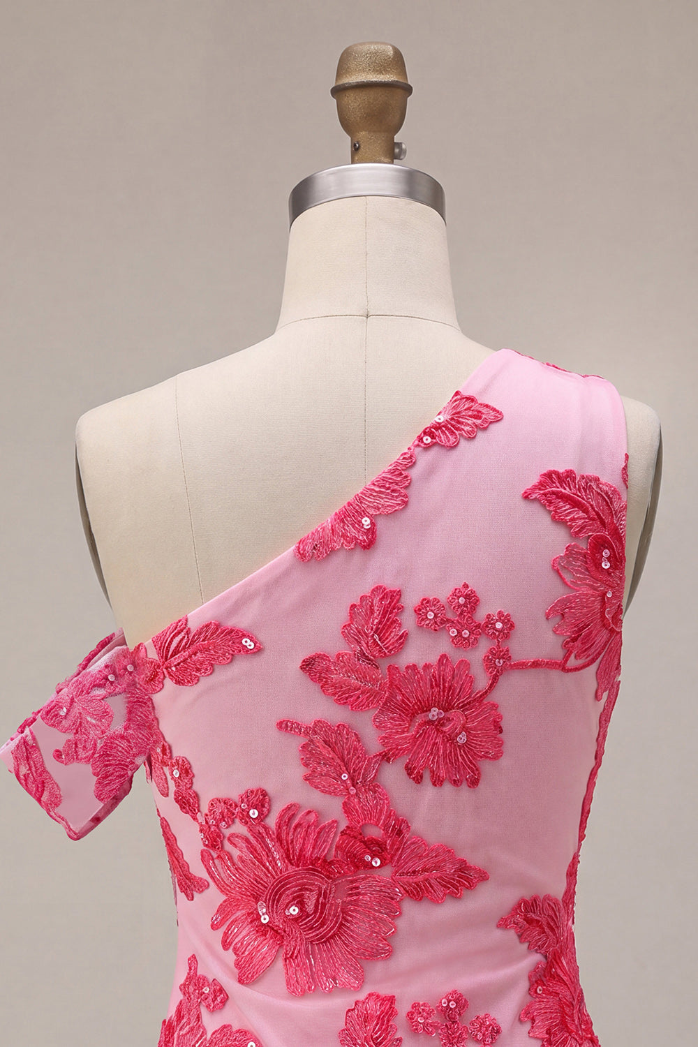 Floral Fuchsia Tight Short One Shoulder Cocktail Dress