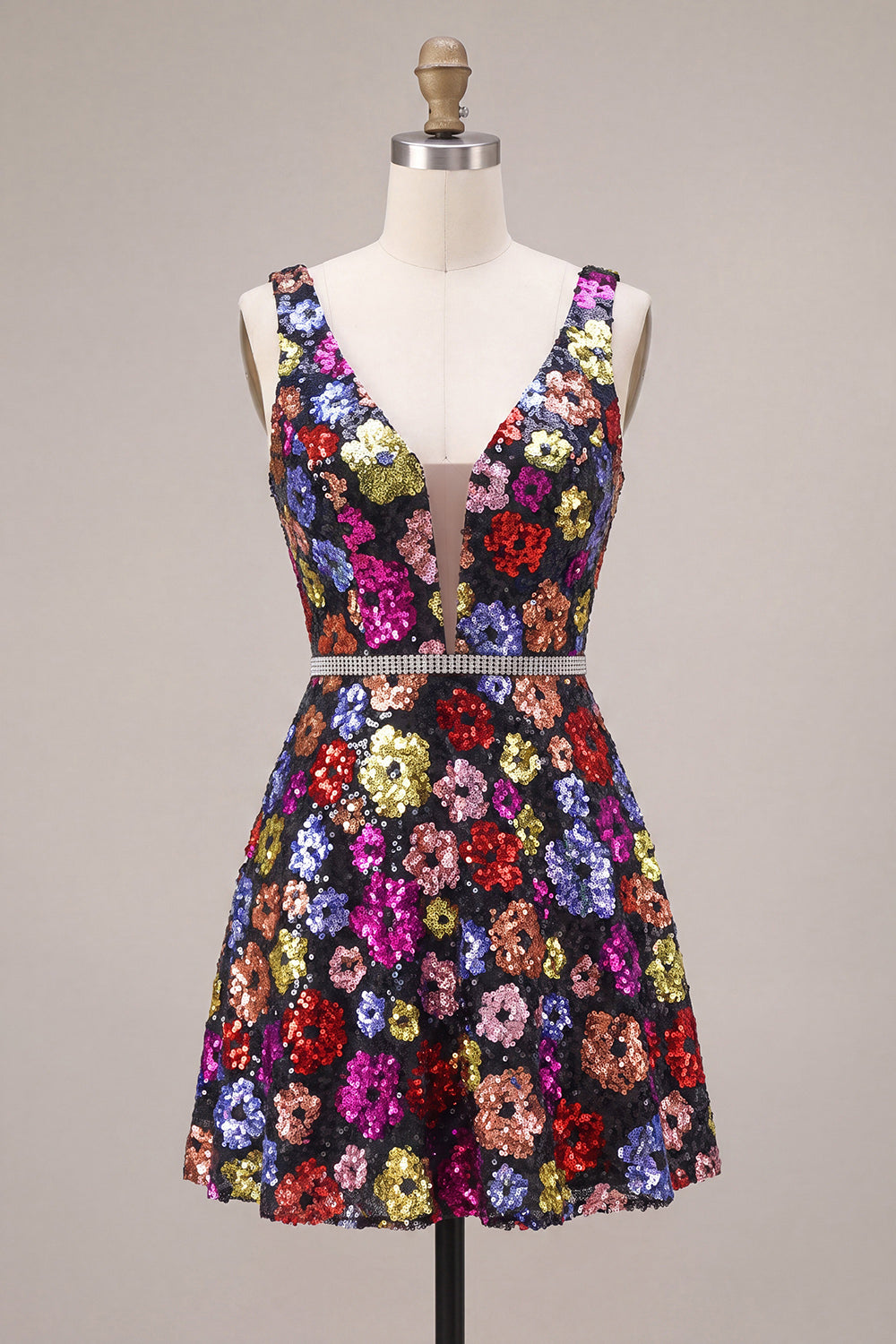 Floral Black A Line Sequin Sparkly Short Cocktail Dress