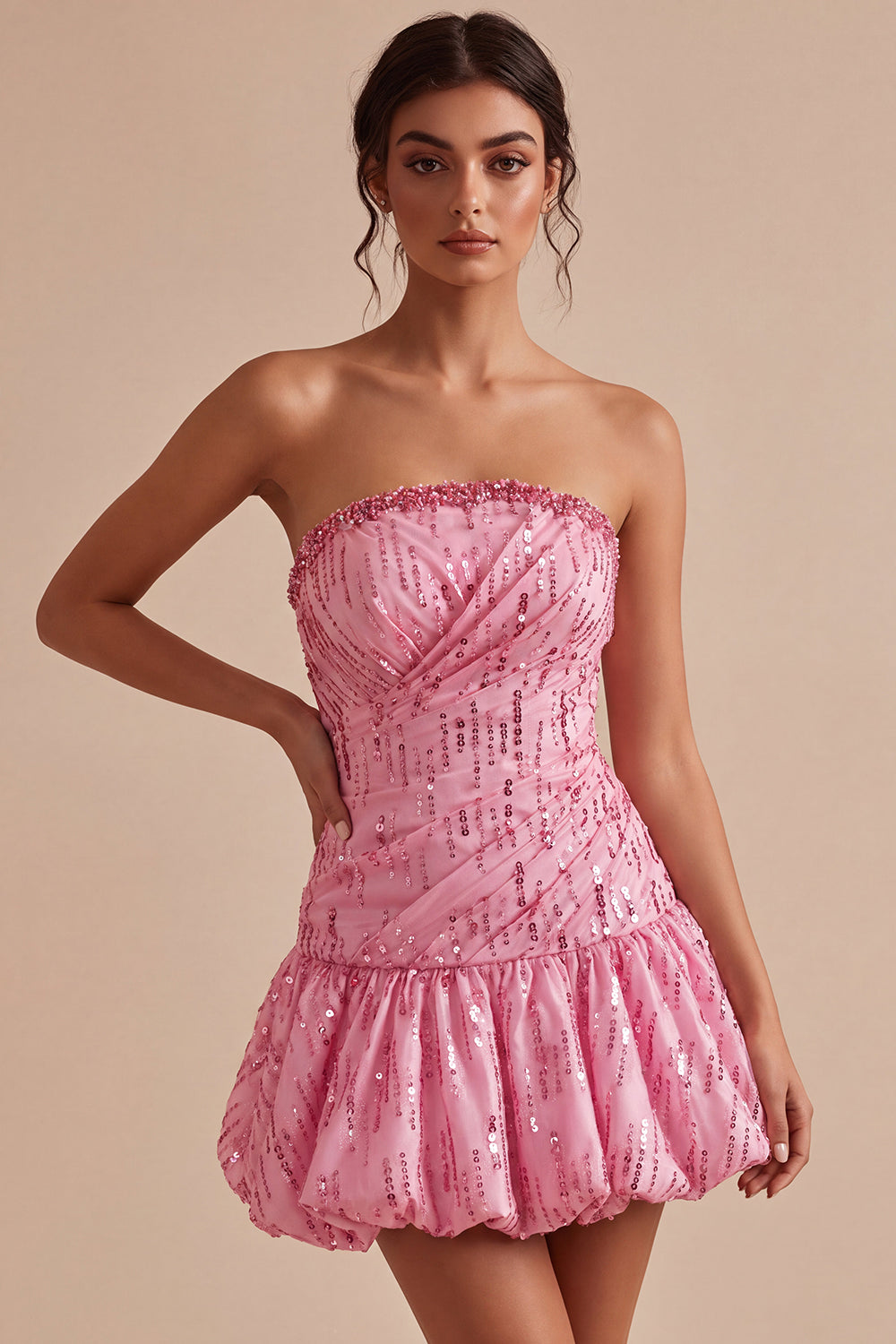 Pink Sparkly A Line Sequin Short Bubble Cocktail Dress
