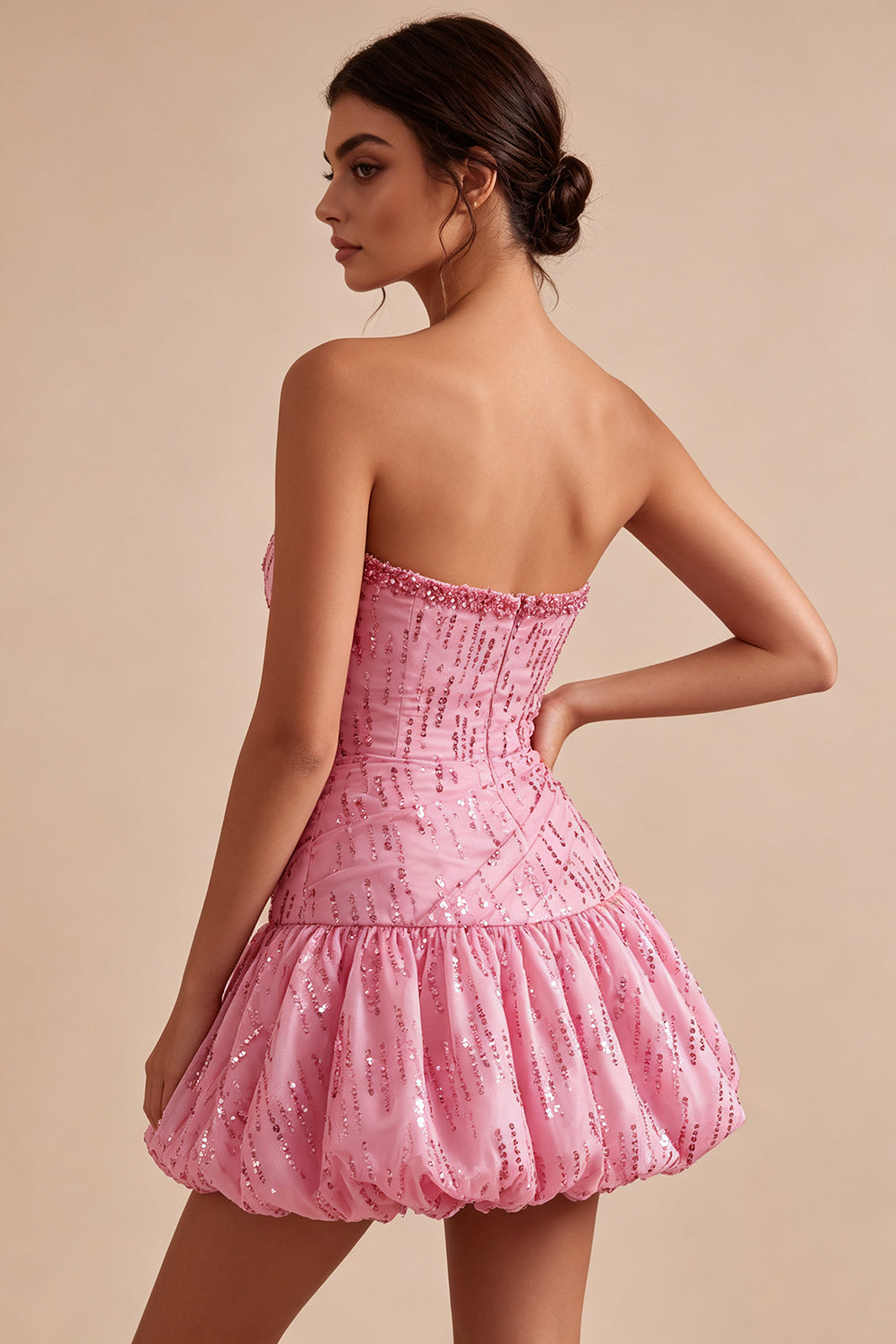 Pink Sparkly A Line Sequin Short Bubble Cocktail Dress