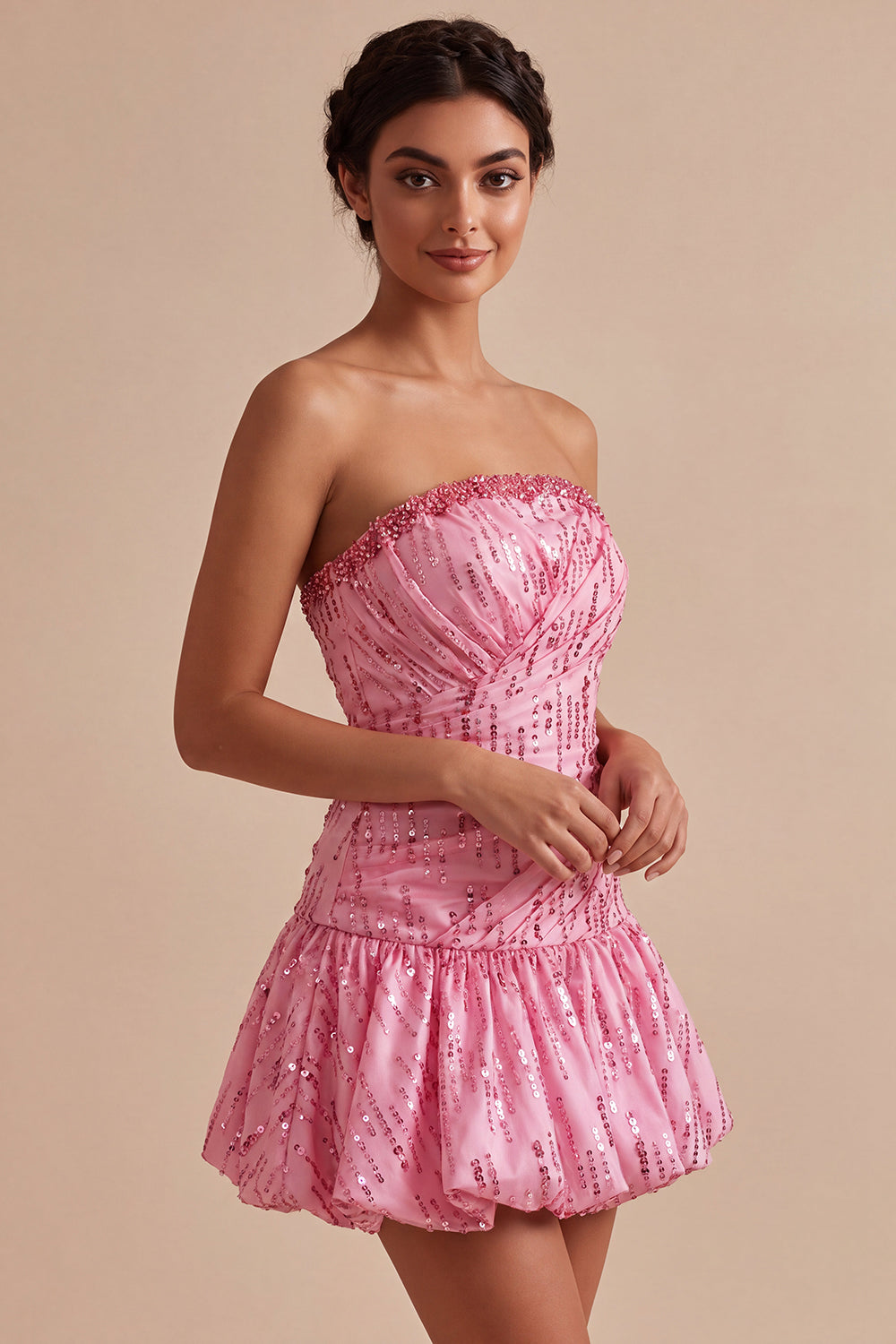 Pink Sparkly A Line Sequin Short Bubble Cocktail Dress