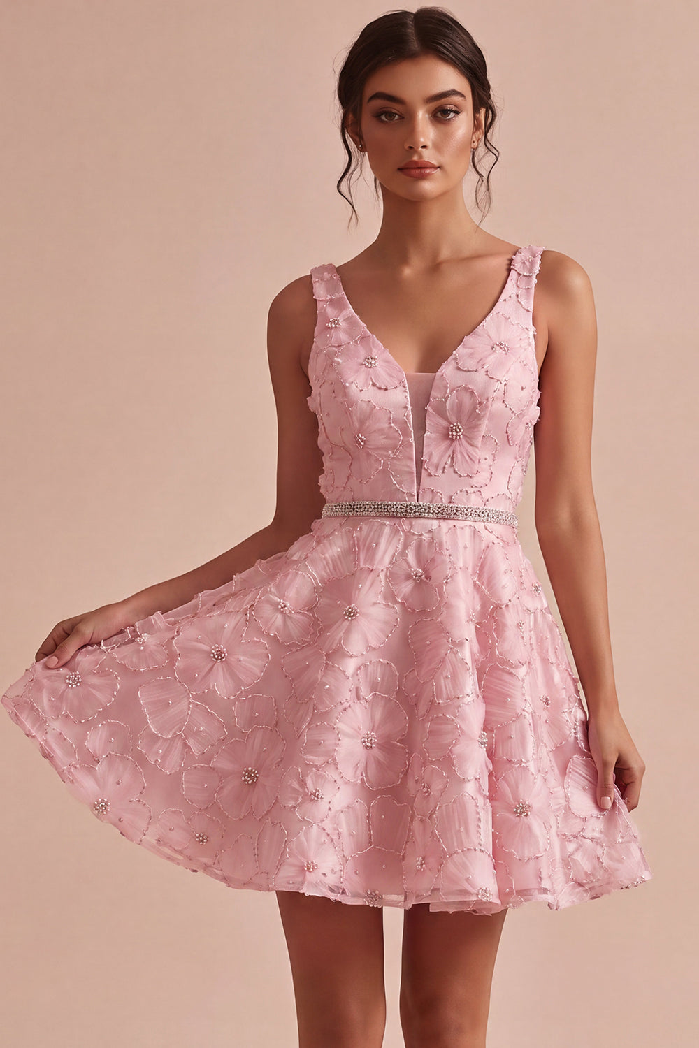 Pink A Line Floral Beaded V-Neck Short Cocktail Dress