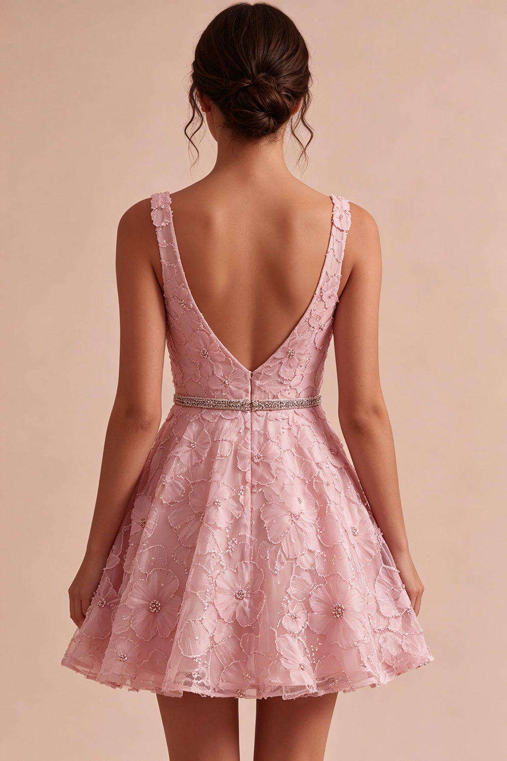 Pink A Line Floral Beaded V-Neck Short Cocktail Dress