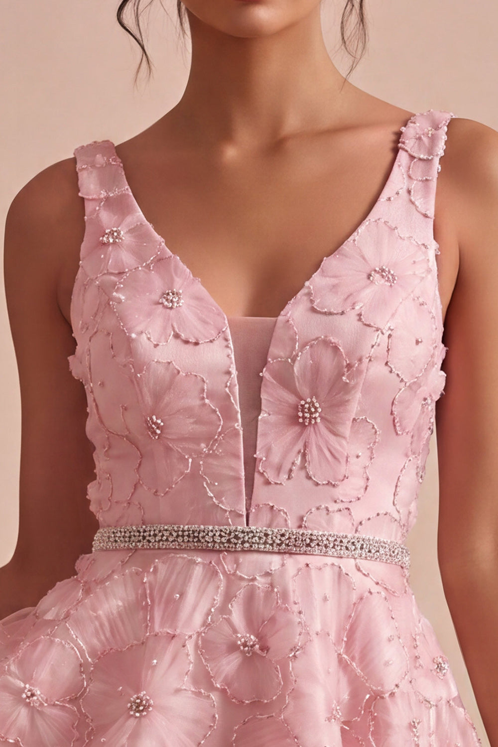 Pink A Line Floral Beaded V-Neck Short Cocktail Dress